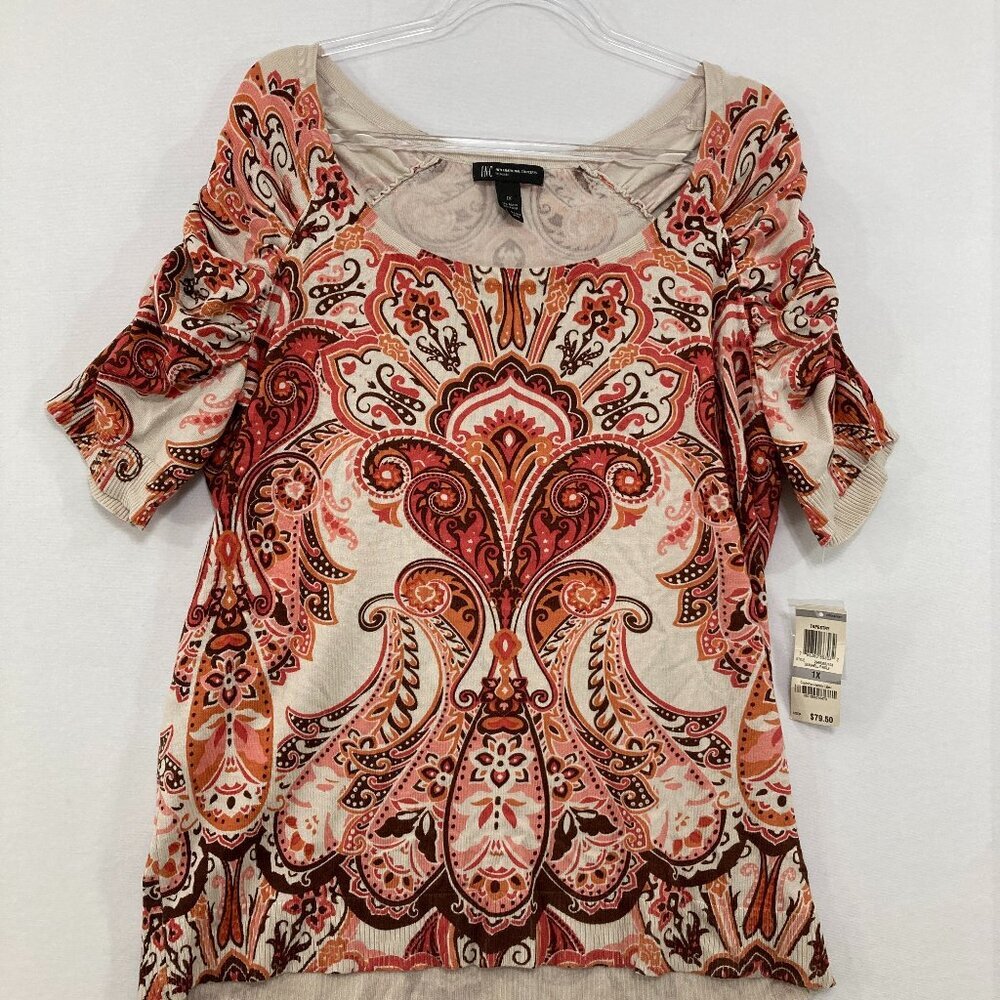 New INC‎ International Concepts 1X Red Boho Ruched Sleeve Stretch Knit Blouse
